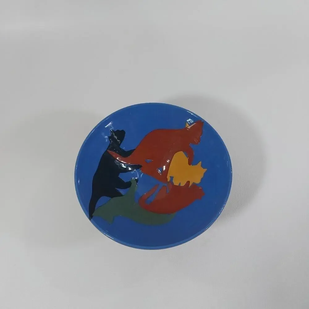 Pottery Cat Bowl Silhouette Artist Marking Vintage 6
